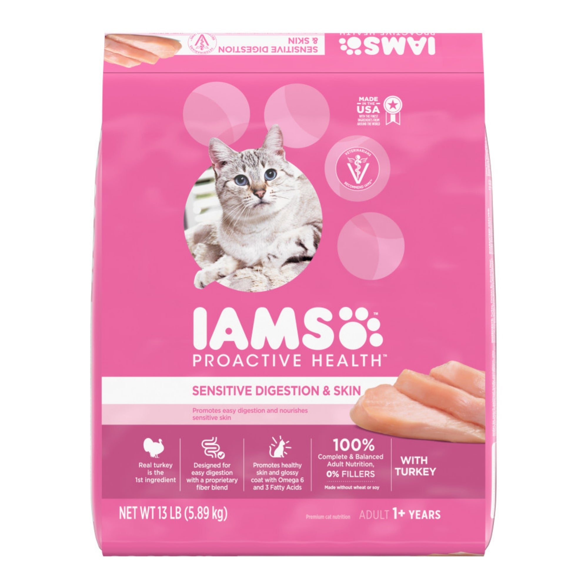 IAMS ProActive Health Sensitive Digestion & Skin Dry Cat Food, Turkey, 13 lb