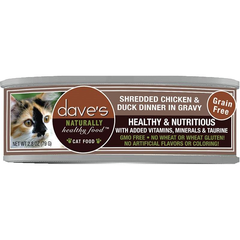 Dave's Grain-Free Shredded Chicken & Duck in Gravy Wet Cat Food, 2.8 oz, 24 Pack