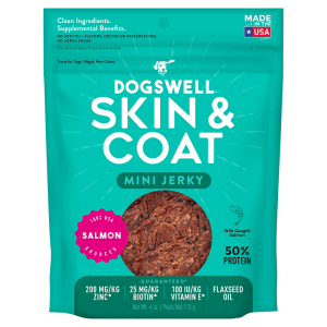 Dogswell Grain-Free Skin & Coat Mini Jerky Salmon Dog Treats, 4 oz