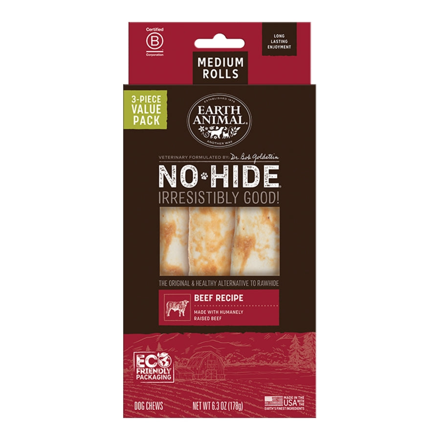 Earth Animal No-Hide Beef Rolls, Medium Dog Chews, 3 Pack