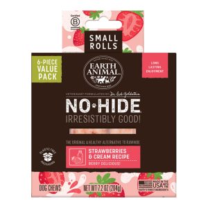 Earth Animal No-Hide Strawberries & Cream Rolls, Small Dog Chews, 6 Pack