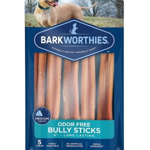 Barkworthies Odor-Free Bully Sticks, 6 in Dog Chews, 5 Pack