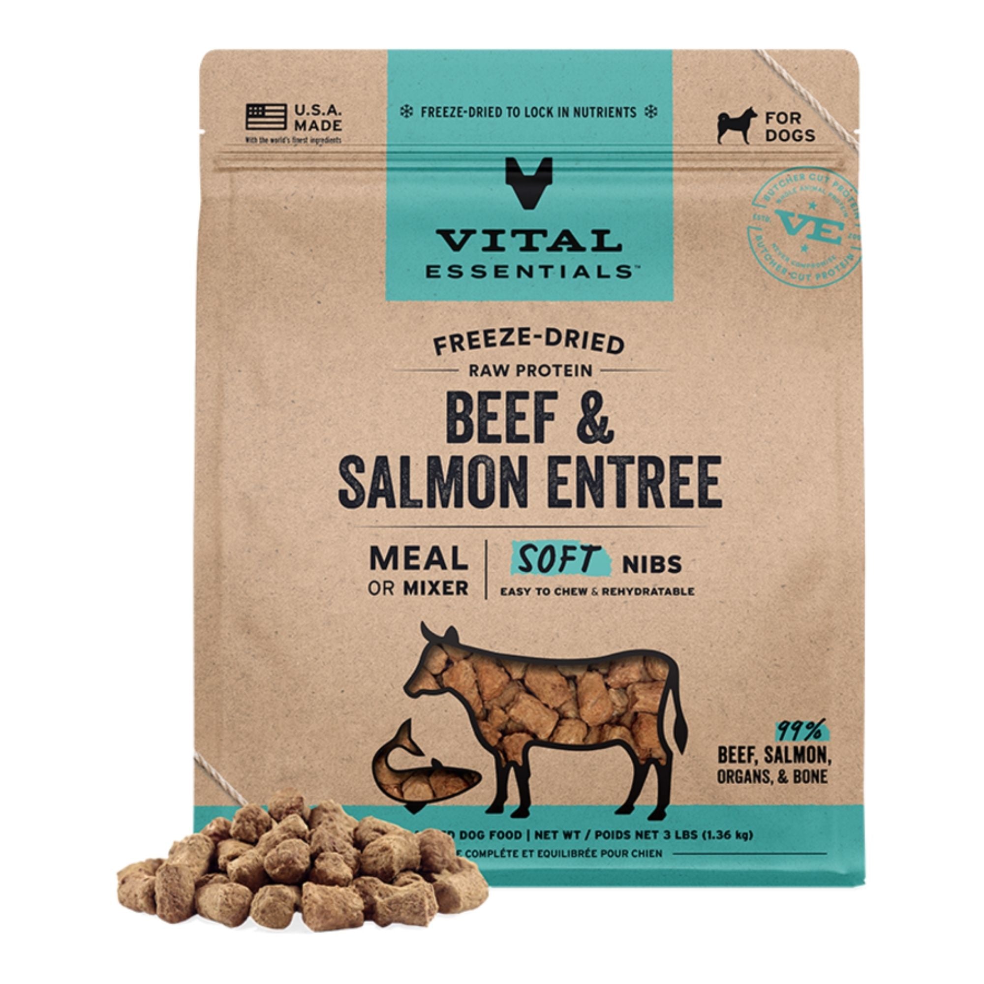 Vital Essentials Freeze-Dried Raw Beef & Salmon Soft Nibs Dog Food, 3 lb