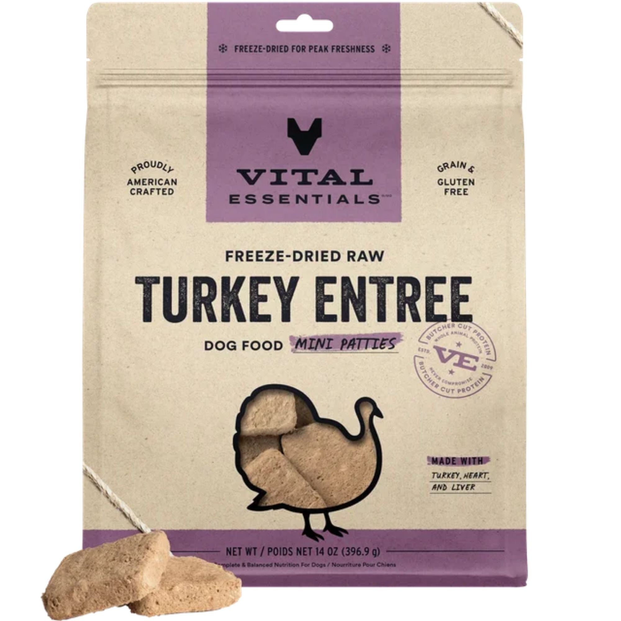 Vital Essentials Freeze-Dried Raw Turkey Mini Patties Dog Food, 14 oz