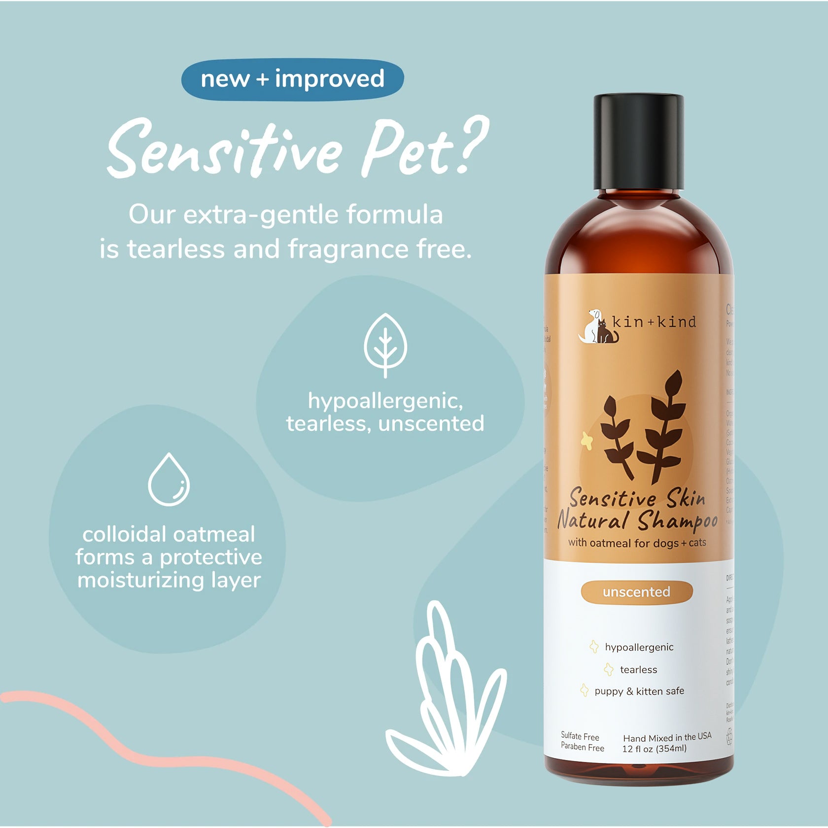 Kin+Kind Sensitive Skin Unscented Oatmeal 12oz. Natural Shampoo Puppy/Kitten - Image 4