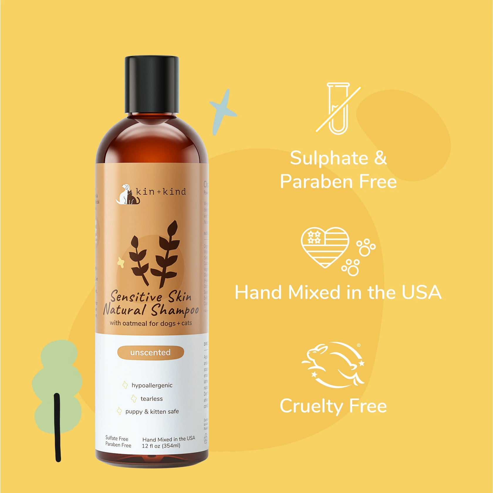 Kin+Kind Sensitive Skin Unscented Oatmeal 12oz. Natural Shampoo Puppy/Kitten - Image 5