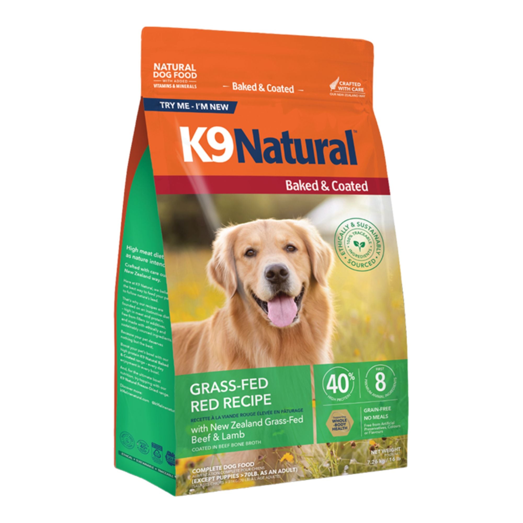 K9 Natural Baked & Coated Dry Dog Food, Grass-Fed Red Recipe, 16 lb